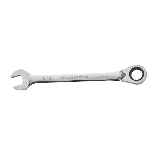 BLACK CANYON 15/16 Inch Ratchet Combination Wrench, 12-Point Box End & Hex Opening, Polished Steel Ratcheting Wrench with SAE & Metric Sizes - size: 15/16 Inch, style: Inch