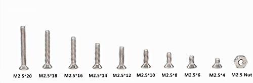 300Pcs Metric M2.5 Stainless Steel Phillips Countersunk/Flat Head Machine Screws Nuts Assortment Kit- M2.5X 4mm/ 6mm/ 8mm/ 10mm/ 12mm/ 14mm/ 16mm/ 18mm/ 20mm - size: M2.5