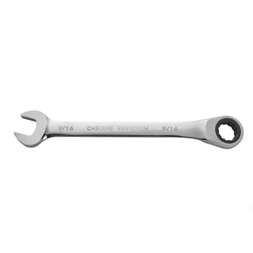 BLACK CANYON 9/16 Inch Ratchet Combination Wrench, 12-Point Box End & Hex Opening, Polished Steel Ratcheting Wrench with SAE & Metric Sizes - size: 9/16 Inch, style: Inch