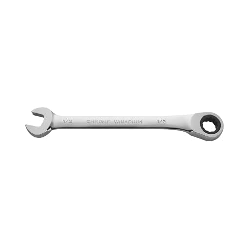 BLACK CANYON 1/2 Inch Ratchet Combination Wrench, 12-Point Box End & Hex Opening, Polished Steel Ratcheting Wrench with SAE & Metric Sizes - size: 1/2 Inch, style: Inch