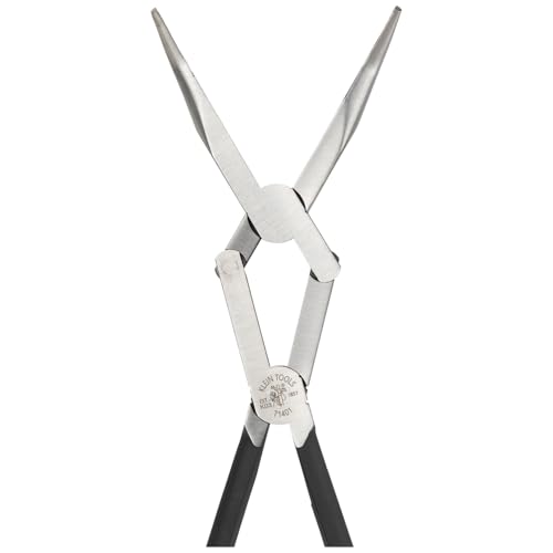 Klein Tools 71401 Long Nose Pliers, Bent Nose Pliers, Angled Knurled Jaws, Double Rivet, Extended Reach, 13-Inch