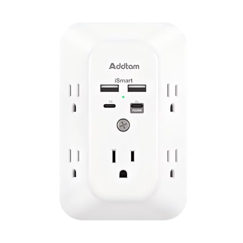 Addtam 5-Outlet Extender Surge Protector, Multi Plug Wall Outlet with 4 USB Wall Charger(PD 20W), Outlet Splitter Power Strip for Home Office Dorm Room Essentials, Plug Extension Outlet 1800J - size: 2c2a Pd 20w