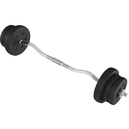 Yaheetech Curl Bar with Weights Adjustable W-Shaped Barbell Home Gym Set | Knurled iron bar with concrete-filled hdpe plates, star locks adjust weight for compact, gym-free strength training at home - size: 55 lbs