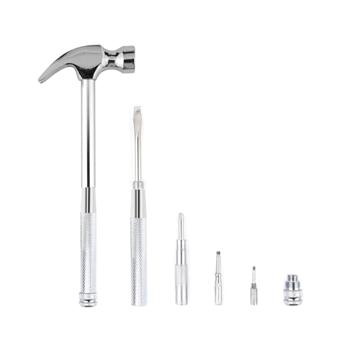 6-in-1 mini multifunctional metal hammer and screwdriver hand tool for opening walnuts, including cross and flat screwdrivers, home repair tools, and camping hammer set (Silver) - color: Silver