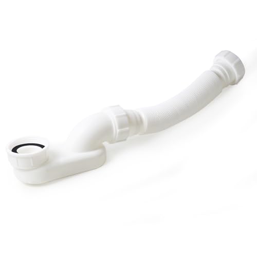 Low Profile 1 1/2" P Trap Flexible Bathtub & Shower Drain Pipe, Flat P Trap Kit for Freestanding Tub, Space Saving Bath Drain Assembly, Easy Install Durable Plumbing Replacement - style: Both ends have threads - white