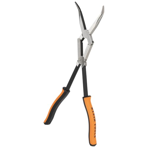 Klein Tools 71401 Long Nose Pliers, Bent Nose Pliers, Angled Knurled Jaws, Double Rivet, Extended Reach, 13-Inch