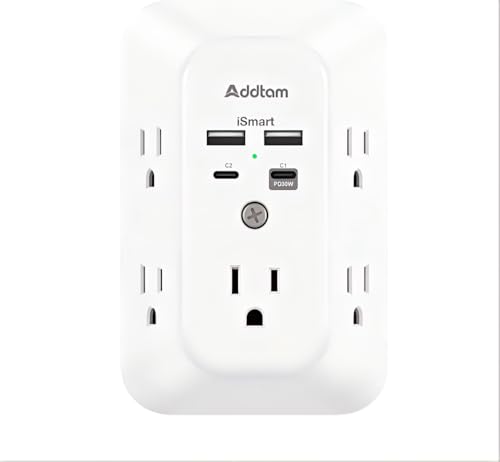 Addtam 5-Outlet Extender Surge Protector, Multi Plug Wall Outlet with 4 USB Wall Charger(PD 30W), Outlet Splitter Power Strip for Home Office Dorm Room Essentials, Plug Extension Outlet 1800J - size: 2c2a Pd 30w