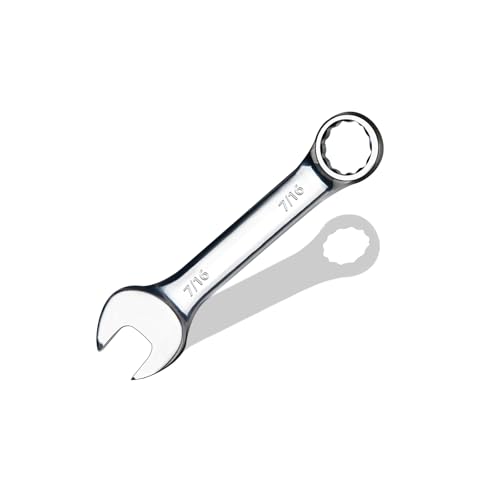 7/16" SAE Stubby Combination Wrench, CR-V Steel with Mirror Polish, 12-Point Design, 15-Degree Offset, Perfect for Pipeline Repair, Household, Car & Truck Emergency - size: 7/16"