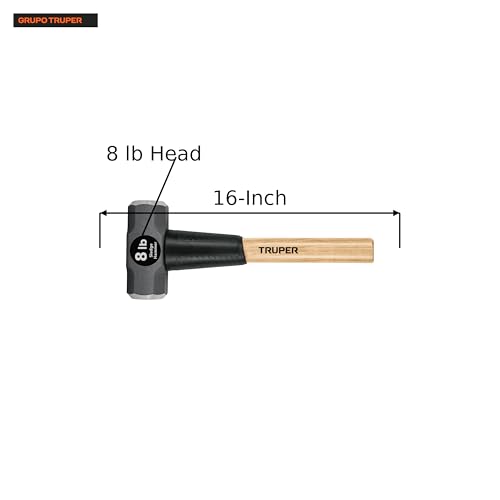 Truper 8 lb Sledge Hammer, 16-Inch American Hickory Wood Handle, Double-Faced Forged Steel Head, Heavy-Duty Compact Demolition and Construction Tool (Model MD-8H-16/33187) - size: 8-Pound Sledge Hammer, style: Hickory Handle