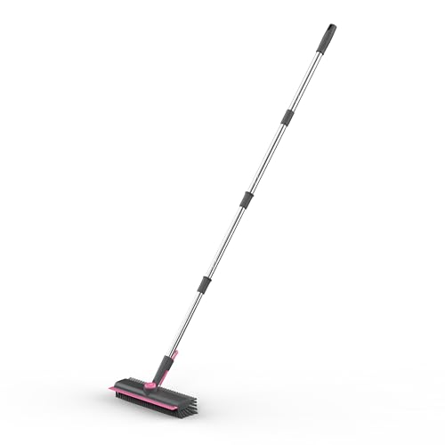 AIR U+ Floor Scrub Brush with Long Handle, 3-in-1 Rotating Head & Squeegee - color: Gray and Pink, size: 1 PACK