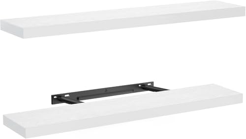 AMADA HOMEFURNISHING Floating Shelves Wall Mounted, 32 x 7 Inch Wall Shelves for Bathroom, Bedroom, Living Room, White Shelves Set of 2 | Wall Shelves with Hidden Bracket, Solid MDF Wood, 22 lbs Max Load per Shelf, Easy to Assemble, Multi-Wall Compatible