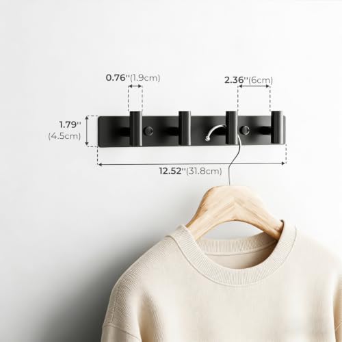Black Wall Mounted Coat Rack – 4 T-Shaped Hooks on 12.6" Rail, (1 Pack) - color: Black
