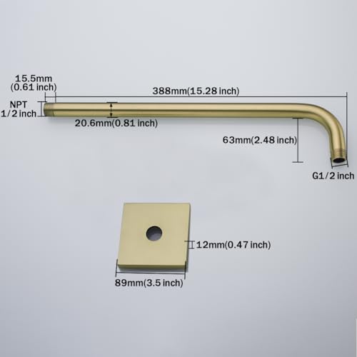 RANDOM 16 Inch Shower Arm with Flange,Stainless Steel 90 Degree Rain Shower Head Extension Arm,Wall-Mounted Shower Head Arm for Fixed Shower Head,Brushed Gold.SKU: RD-91018-16BG-SQ - color: 16″ Brushed Gold(Square Flange)