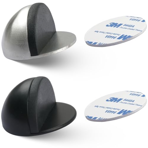 2 Pcs Adhesive Door Stopper Stainless Steel Floor Door Stopper Floor Mounted Door Stops for Living Room Bedroom Bathroom Office (Black&Silver)
