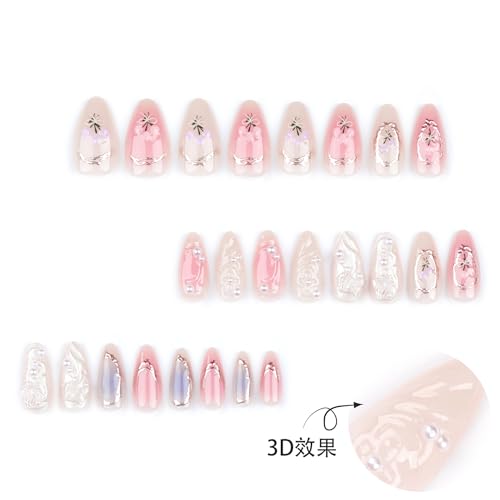 3D Flower Press On Nails Almond Shape – Medium Length Glossy Nude Pink Fake Nails with Pearls & Gold Details, Acrylic Reusable Stick On Nails for Women, Elegant Floral False Nails for Wedding Party - color: 2-Dreamy Flower Shadow