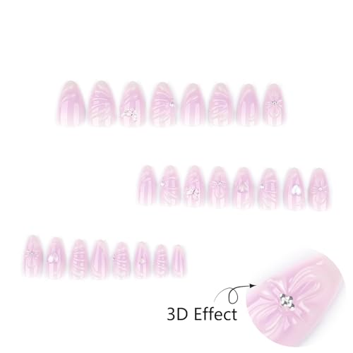 Mivota Luxury Soft Gel Press On Nails Medium Almond Nude Pink Jelly with 3D Butterfly & Pearl Design, Reusable Glue On Fake Nails for Women, Salon Manicure Set 24PCS - color: 3D-71 Light Purple Gradient