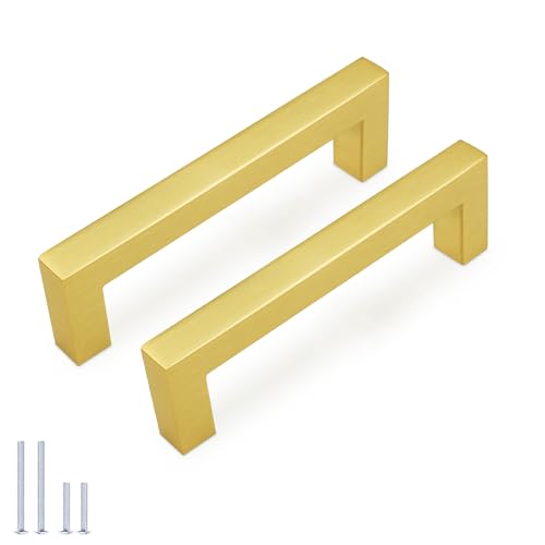 KNOBWELL 6Pack 3-3/4 Inch Brushed Gold Cabinet Pulls Stainless Steel Kitchen Cabinet Handles Square Drawer Pulls Modern Cabinet Hardware Handles，96mm Hole Centers - color: Brushed Gold, size: Hole Center:3-3/4 inch(96mm)