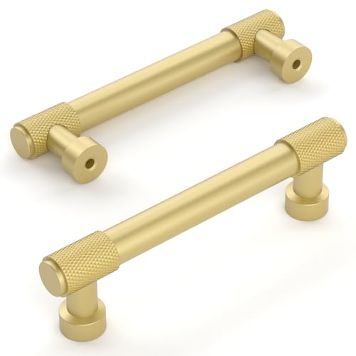 Amerdeco 10 Pack Brushed Gold Knurled Cabinet Pulls 3.75 Inch(96mm) Hole Center Kitchen Cabinet Handles Drawer Pulls Cabinet Hardware ZH0034 - color: Brushed Gold, size: 3.75"/96mm Hole Center