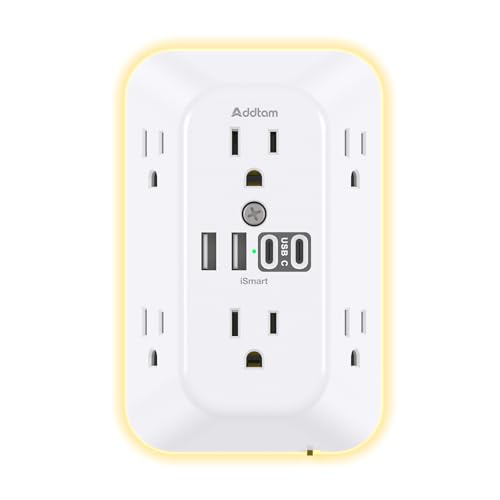 Addtam Surge Protector, 6 Outlet Extender with Night Light and 4 USB Ports | Multi Plug Wall Outlet, Electrical Outlet Splitter, 3-Sided 1800J Power Strip for Home/Dorm/RV, All-in-one, Easy to Install