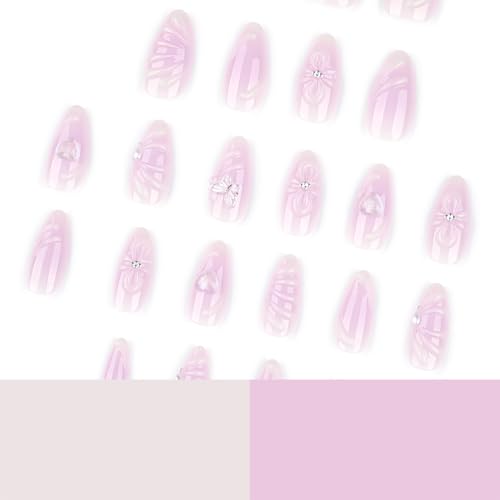 Mivota Luxury Soft Gel Press On Nails Medium Almond Nude Pink Jelly with 3D Butterfly & Pearl Design, Reusable Glue On Fake Nails for Women, Salon Manicure Set 24PCS - color: 3D-71 Light Purple Gradient