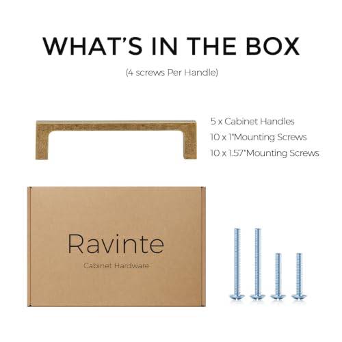Ravinte Antique Brass Kitchen Cabinet Solid Handles,4 Inch,5 Pack - color: Antique Brass, size: 4 Inches Hole Center