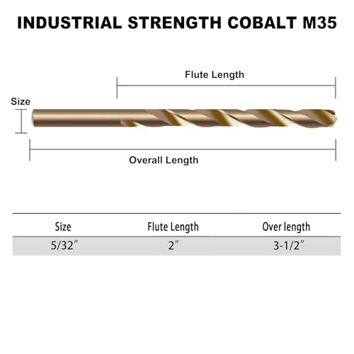 GMTOOLS 5/32 inch Cobalt Drill Bits, M35 HSS, 135 Degree Tip, Jobber Length Twist Drill Bit Set for Hard Metal, Stainless Steel, Cast Iron, Wood and Plastic, with Storage Case, Pack of 13 - style: M35-5/32-13PCS