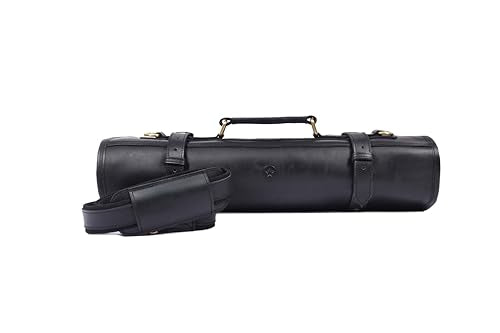 Leather Knife Roll Storage Bag, Elastic and Expandable 10 Pockets, Adjustable/Detachable Shoulder Strap, Travel-Friendly Chef Knife Case (Pitch Black, Leather) - color: Pitch Black