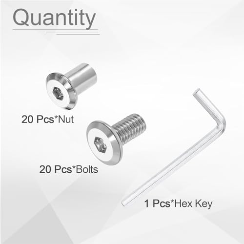 HARFINGTON 20 Set M6x12mm Hex Drive Socket Cap Bolt and M6x12mm Nuts with M4 Hex Wrench, Furniture Connector Bolts and Screws for Furniture Countersunk Belt, Silver - size: M6x12mm, M6x12mm