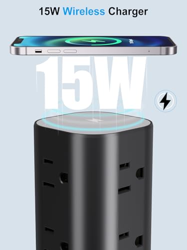 6FT Power Strip Tower with Wireless Charger,Surge Protector with 12 Outlets - color: Black, size: 6FT with Wireless Charging