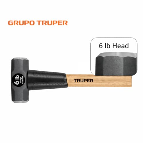 Truper 6 lb Sledge Hammer, 16-Inch American Hickory Wood Handle, Double-Faced Forged Steel Head, Heavy-Duty Compact Demolition and Construction Tool (Model MD-6H-16/33186) - size: 6-Pound Sledge Hammer, style: Hickory Handle