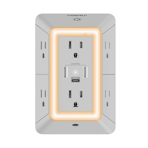 Multi Plug Wall Outlet Night Light, POWRUI 6 Outlet Extender & 3 USB Ports - color: Grey(6Outlets/Night Light), size: 2U1C