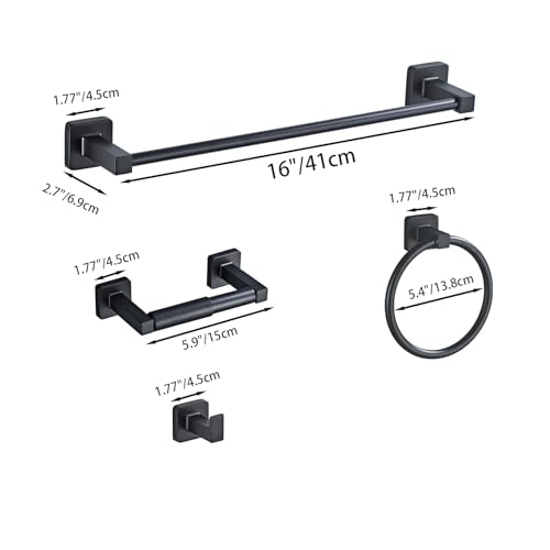 Matte Black Bathroom Hardware Set 4 Pieces,Towel Bar Set Stainless Steel Wall Mounted, Includes 16In Hand Towel Bar, Towel Ring, Robe Towel Hooks,Toilet Paper Holder, Bathroom Towel Rack Set - color: Matte Black-4pcs, size: 16Inch