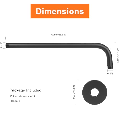 Shower Arm with Flange and Teflon Tape, Wall Mounted Shower Pipe 304 Stainless Steel Extension Arm for Fixed Shower Head & Handheld (15 Inch, Matte Black) - color: Matte Black, style: 15 Inch