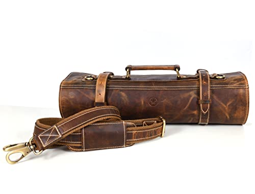 Aaron Leather Goods Vendimia Estilo Leather Knife Roll Storage Bag, Elastic and Expandable 10 Pockets, Adjustable/Detachable Shoulder Strap, Travel-Friendly Chef Knife Case Roll (Caramel, Leather) - color: Caramel