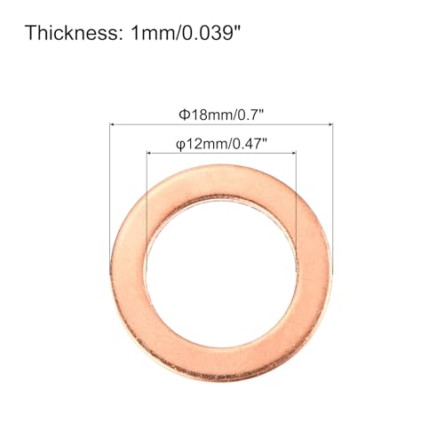 MECCANIXITY 52 Pcs Flat Copper Washers, 12x18x1mm Copper Upgraded Flat Metric Sealing Crush Ring Washers for Hydraulic Fittings Screw Bolt Nut Electronic Repair - size: 12x18x1mm