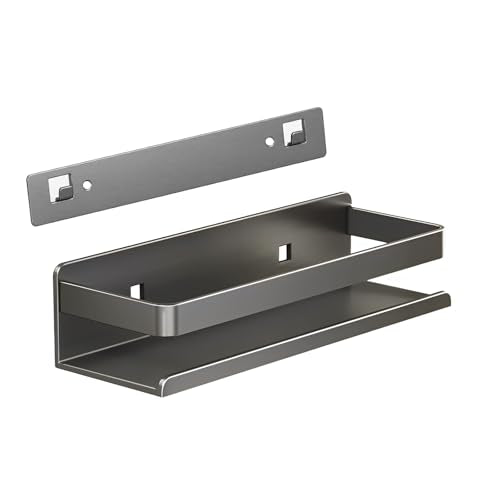 Stainless Steel Wall Mounted Floating Shelves, Drill-Free Adhesive or Screw In, Rustproof Bathroom Organizer & Kitchen Spice Storage Rack, Detachable Metal Display Shelf for Living Room, Gray