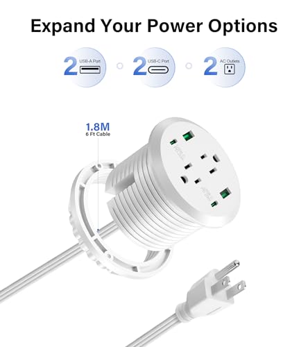 Desktop Power Grommet,GaN 65W USB C Fast Charging Station,2 AC Outlets,4 USB Ports in to the Top,Flush Mount Power Grommet 3'' Hole,Countertop Recessed Outlet White - color: White, size: 1 Pack
