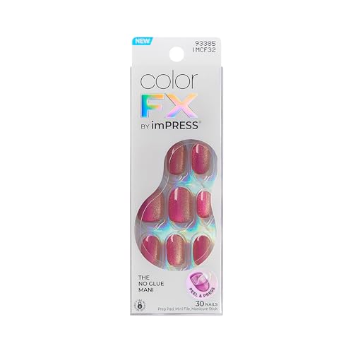 Kiss colorFX by Impress Press On Nails, Walk Out, 30 No Glue Peel and Stick Nails Kit with IMPROVED Adhesive, Pink Short Oval Pearlescent Effect, Includes Prep Pad, Manicure Stick & Mini File