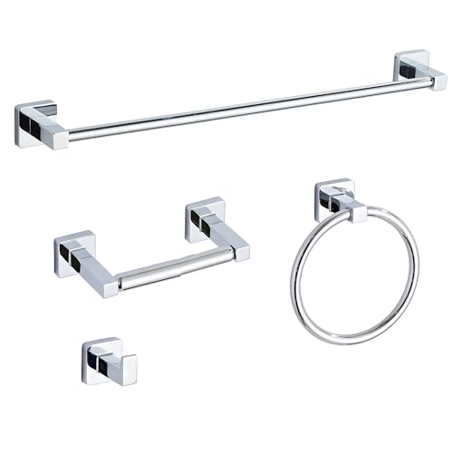 Chrome Bathroom Hardware Set 4 Pieces,Bathroom Accessories Set Stainless Steel Wall Mounted, Hand Towel Bar, Towel Ring, Robe Towel Hooks,Toilet Paper Holder,Towel Bar Set, 23.6 Inch - color: Chrome-4pcs, size: 23.6Inch