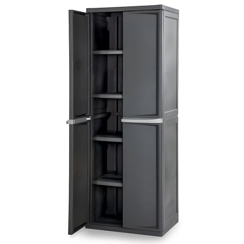 Sterilite 4 Shelf Cabinet, Lockable Utility Storage, Gray
