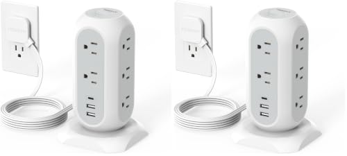 TESSAN Tower Power Strip Flat Plug with 1050J Surge Protection, 6 Ft, Grey (Pack of 2) - color: White, size: 6 Feet (Pack of 2)