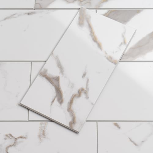 StyloVue 100 Pieces Peel and Stick Backsplash for Kitchen, 3" x 6" PVC Subway Tile 2026 Upgraded White Marble with Gold Accent Backsplash Stick on Tile Elevate Kitchen Fireplace RV - color: White Marble with Gold Accent