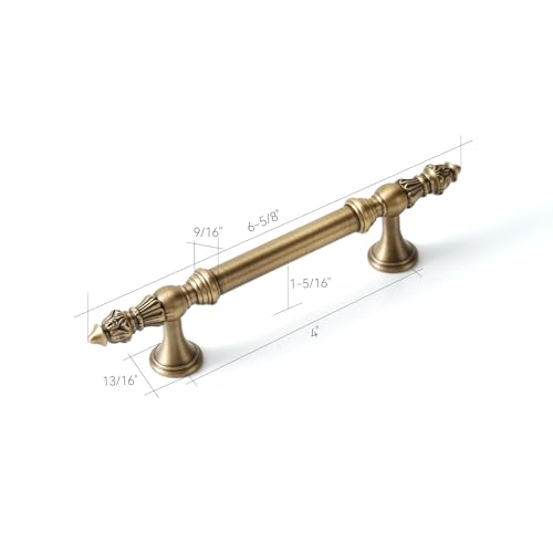 5 Pack | Cabinet Handles | Solid Brass | 4 Inch Hole Center | Brushed Antique Brass |Classic Cabinet Pulls for Furniture Kitchen ＆ Bathroon Fixture - size: 4 Inch Hole Center