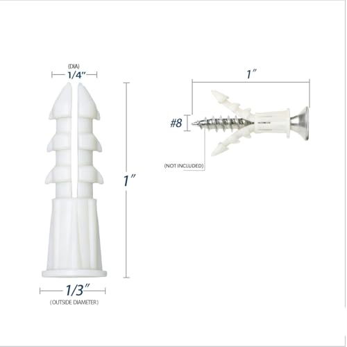 200 Count Premium Plastic Drywall Anchors, 1/4 x 1 Inch Wall Anchors, Fits #8 x 1 Inch Screws, Bulk Pack, Screws Not Included (White) - size: 1/4*1 (white)