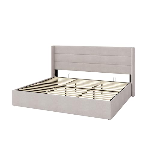 Allewie King Size Lift Up Hydraulic Storage Bed Frame Light Beige - color: Beige, size: King, style: Modern