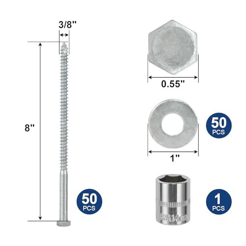 3/8" x 8" Lag Screws Bolts with Washers(50Pcs) - size: 3/8x8in