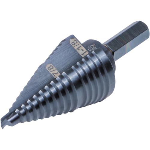 Klein Tools KTSB11 Step Drill Bit #11 Double-Fluted 7/8 to 1-1/8-Inch with Easy-to-Read Markings and Targets, 3/8-Inch Hex Shank - size: 7/8 to 1-1/8-Inch, style: Standard