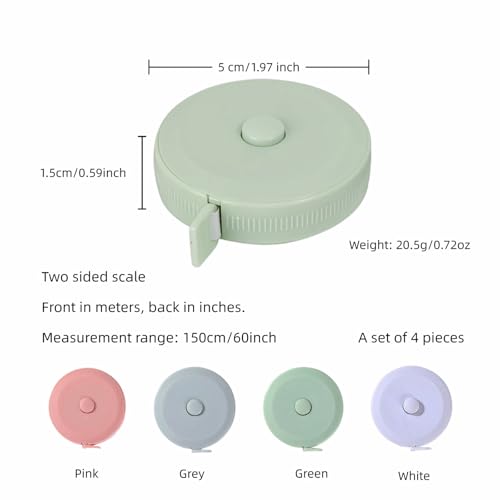 4-Pack Mini Soft Retractable Tape Measure, 60 Inch /150 cm Dual-Scale Flexible Sewing Tailor Cloth Measuring Tape for Body Measurements, Fabric Craft, Weight Loss Tracking, 4 Colors