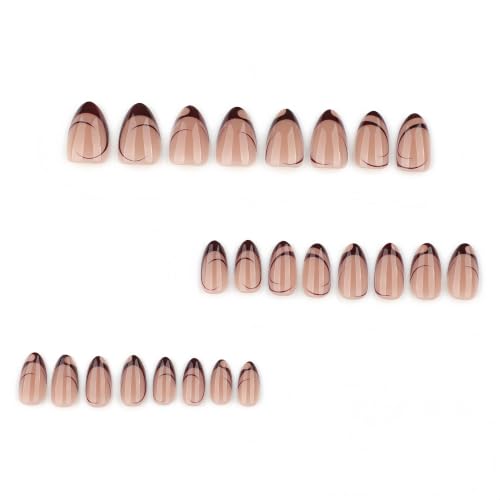 Nude Almond Press on Nails Medium Short, French Fake Nails with Unique Elegant Shaped Burgundy French Tip Design, Glossy Finish Acrylic Nails, Natural Reusable Glue on Nails - color: 29-French Allure