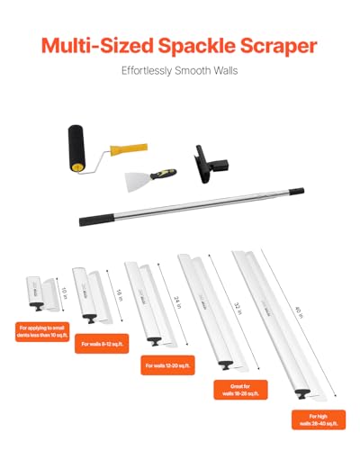 VEVOR Drywall Skimming Blade Set (10/16/24/32/40 inch) with 34-81.6 inch Extension Handle, Professional Stainless Steel Knife for Gyprock, WallBoard, and Plasterboard Skim Coating - size: 10"+16"+24"+32"+40", style: With Extension Handle